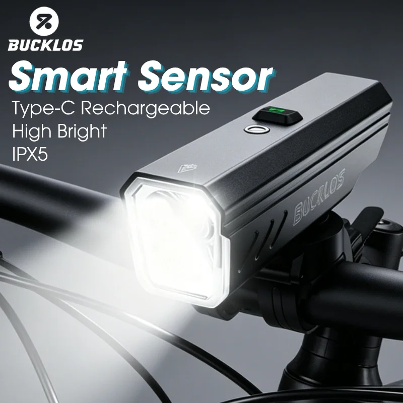 BUCKLOS Bicycle Front Light Smart Sensor MTB Bike Light Aluminum Alloy Shell Rechargeable Lamp Highlight IPX5 Cycling Lantern