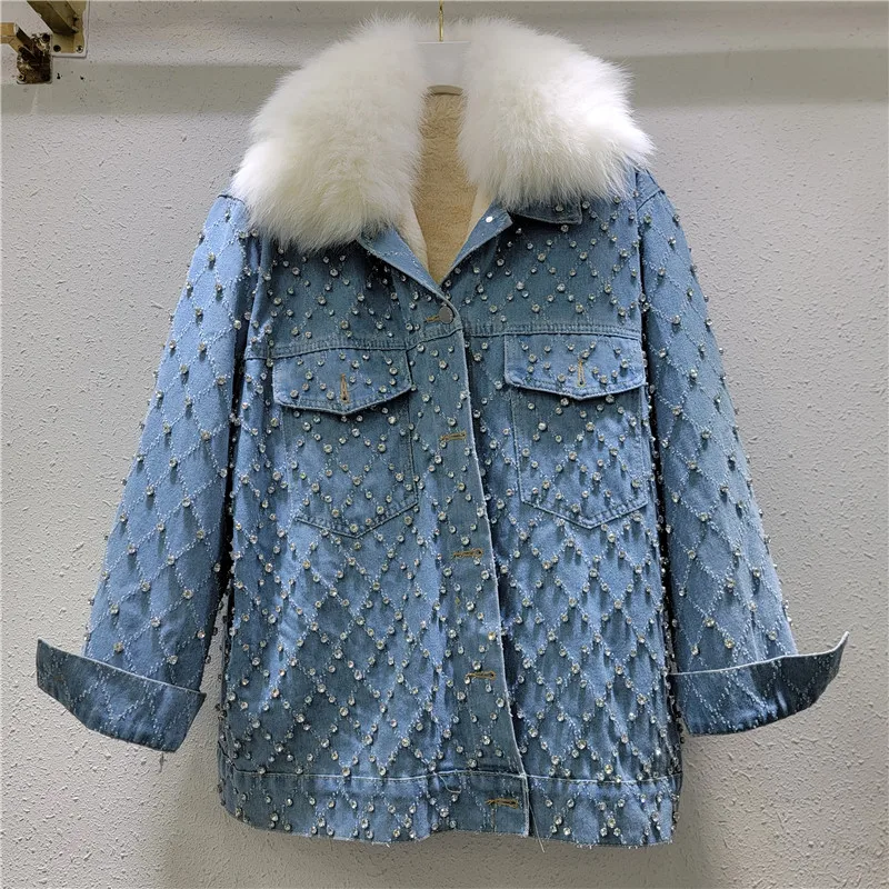 Winter Women Heavy Work Diamond Frayed Burrs Warm Faux Rabbit Fur Liner Denim Jacket Casual Lapel Long Sleeve Jeans Jacket Coat