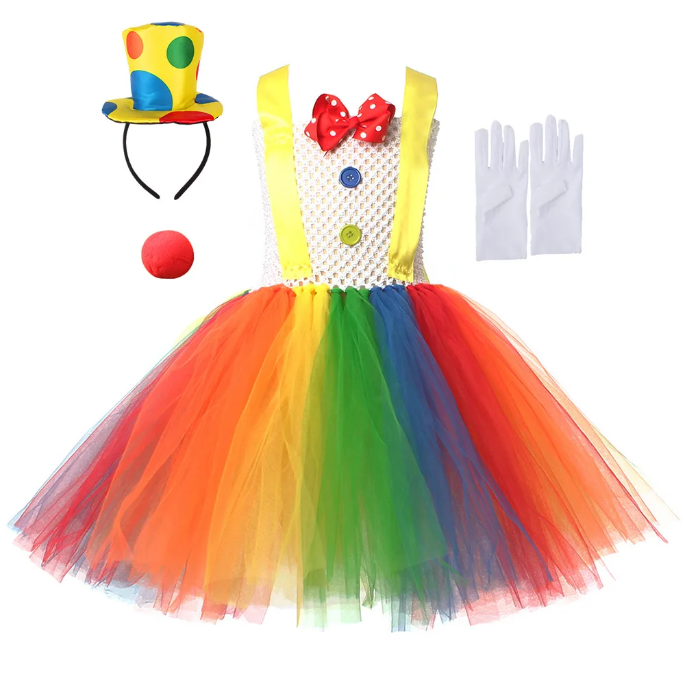 

Rainbow Circus Clown Costume for Girls Funny Joker Halloween Tutu Dress for Kids Birthday Carnival Party Outfit Children Clothes