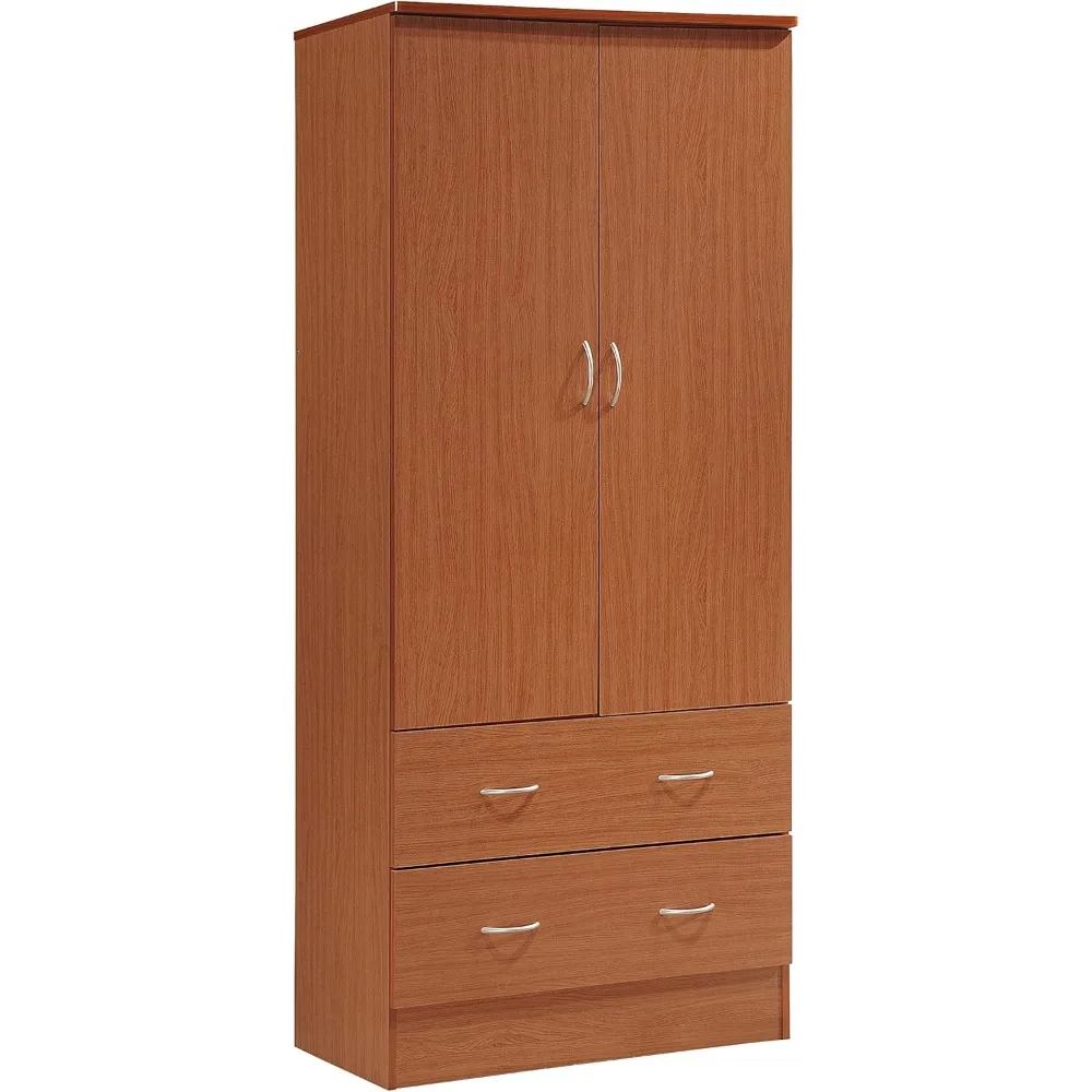 2 Door Wood Wardrobe Bedroom Closet with Clothing Rod inside Cabinet and 2 Drawers for Storage, Cherry