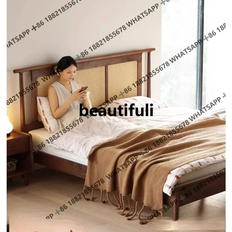 Black walnut solid wood bed household bedroom, rattan, bed frame with soft bag