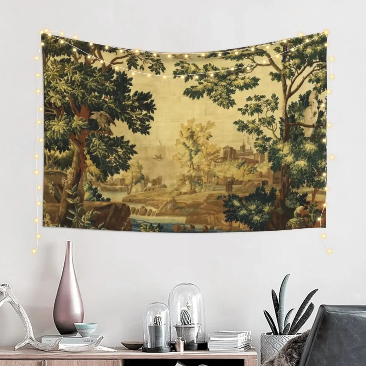 Wood Landscape with Birds,Trees and River, Antique Flemish Tapestry Decorative Wall Mural Room Aesthetic Tapestry