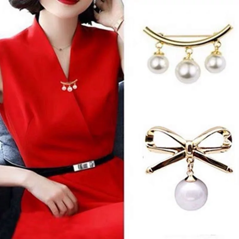 Fashion Pearls Tassel Brooches Anti-exposure Shirt Brooch Waist Tighting Pin Golden Metal Bow Brooches Ornaments Accessories