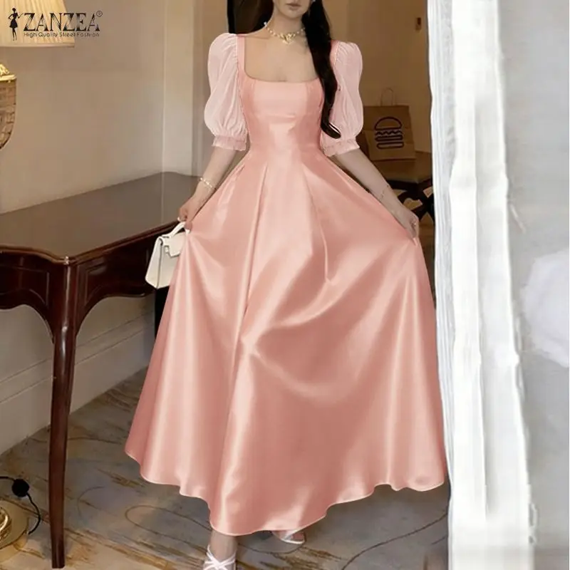 ZANZEA Elegantes Damenkleid mit eckigem Ausschnitt und kurzen Puffärmeln 2026 Stilvolles Partykleid A-Linie Tailliertes Kleid mit Mesh-Patchwork