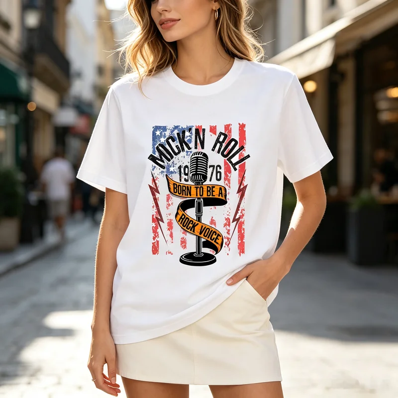 Rock Voice T-Shirt Vintage Microphone Print Born To Be A Rock Singer Tee Retro American Flag Musician Shirt Casual Streetwear