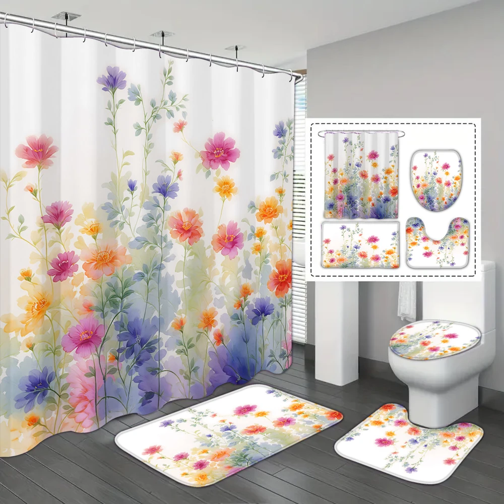 4-piece set of colorful flower waterproof printed shower curtains with 12 hooks, bathroom floor mats