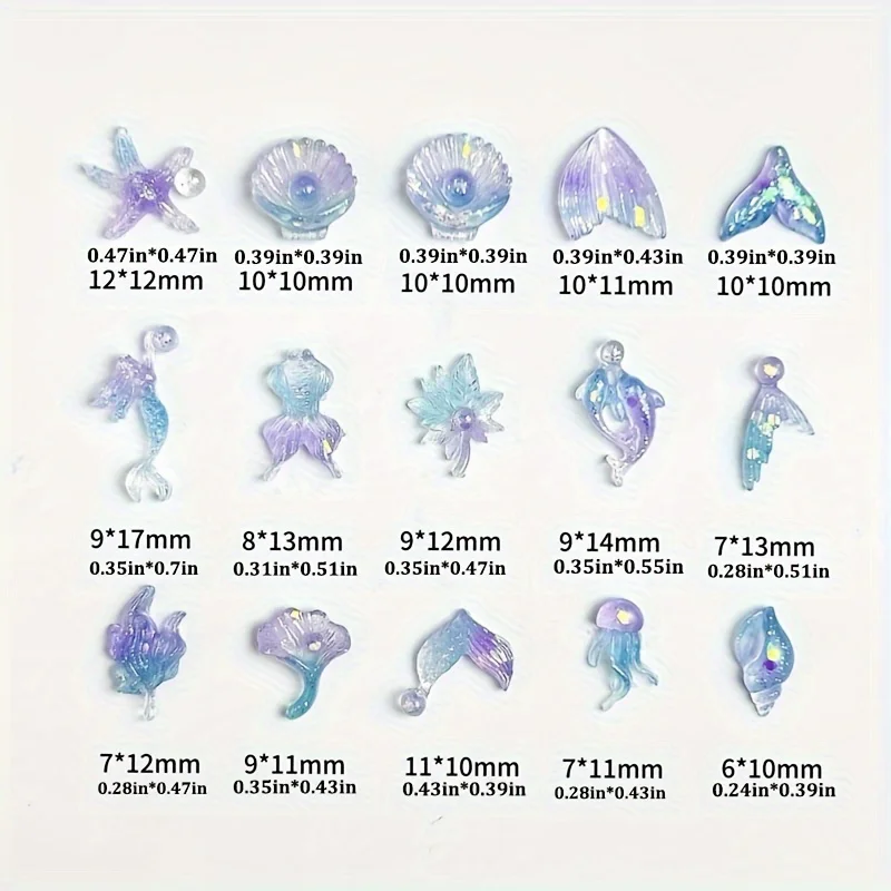50pcs GLOW-in-the-Dark MINI Ocean Charms ชุดเปลือกหอยเงา,ปลาดาว Mermaid หางสําหรับเล็บ, โทรศัพท์กรณีเครื่องประดับ Crafting