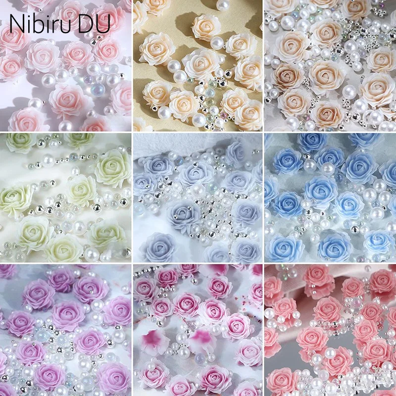 

90/30pcs Pink Rose Flower 3D Nail Rhinestone Decoration Colorful Mixed Pearl Beads Charms Summer Manicure Design Accessories