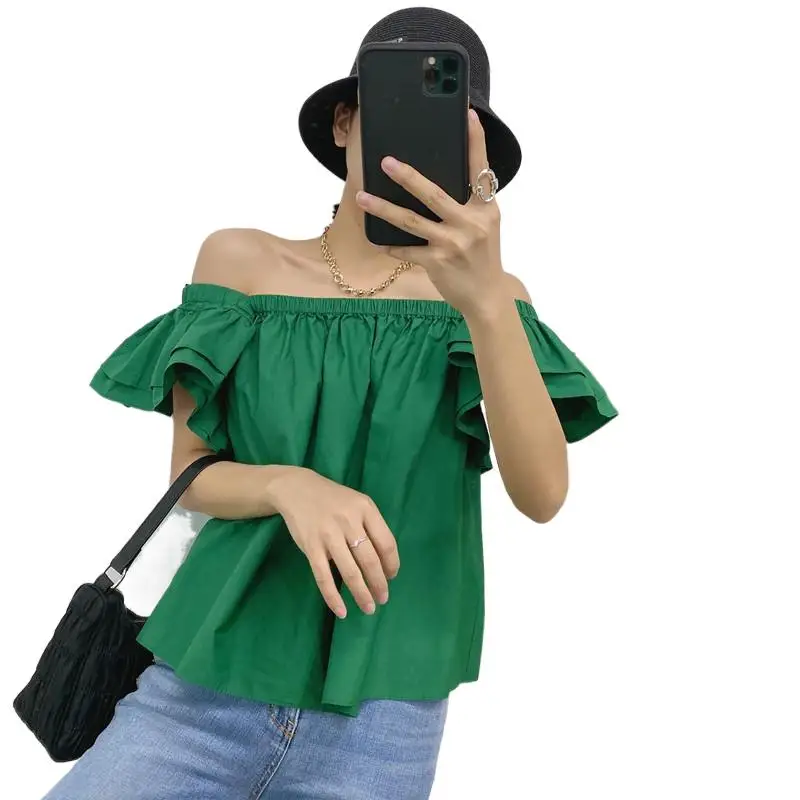 Korean Style Women's plus Size Butterfly Sleeve Shirt Casual Solid Ruffle Blouse Elegant Square Neck Streetwear Top