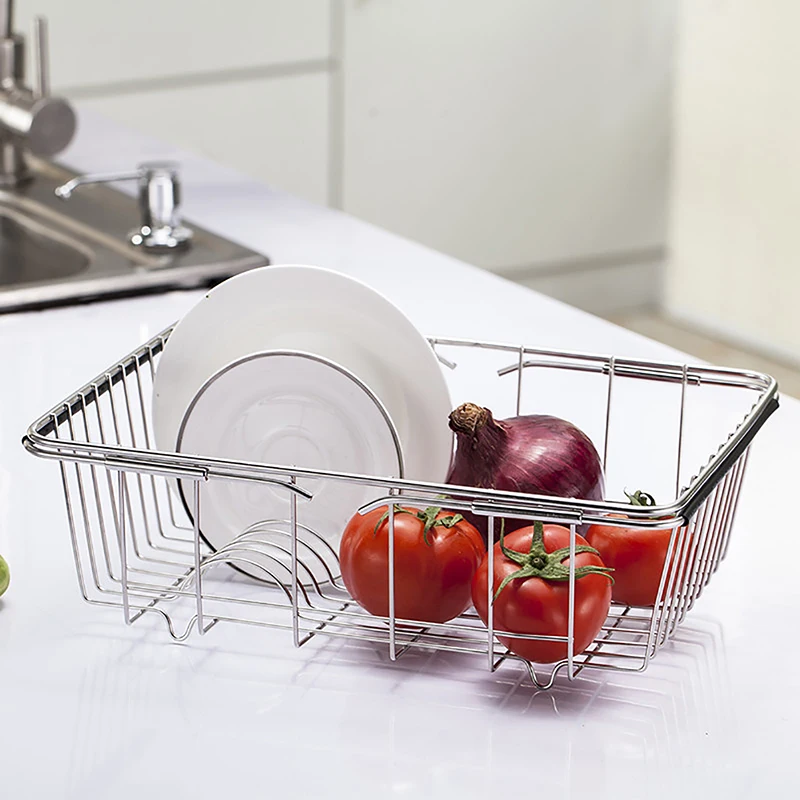 Kitchen Stainless Steel Draining Basket Retractable Over Sink Dish Rack Fruit And Vegetable Washing Basket Mesh Drain Rack