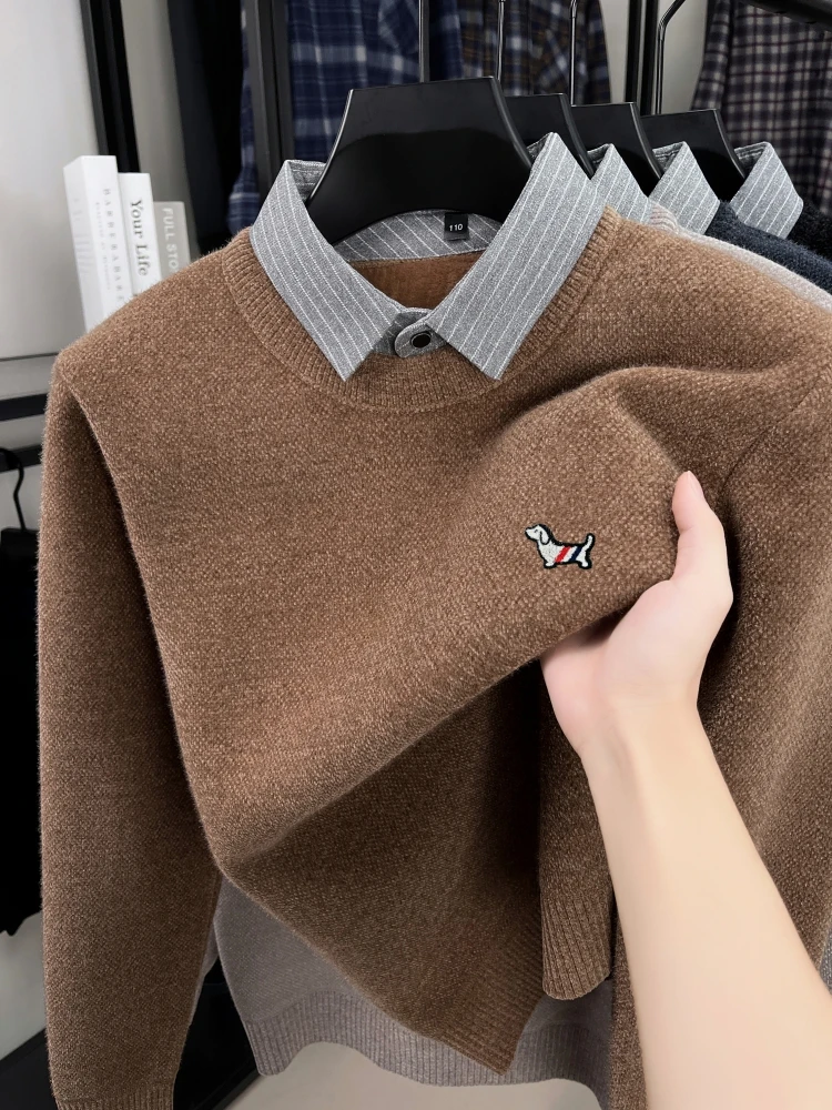 

High end fake two-piece striped lapel sweater men's new fashion light luxury brand cute cartoon puppy embroidery warm pullover