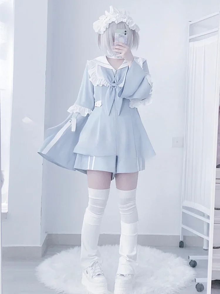 Japanese Mine Medical System Spring Women\'s Lace Bow Splicing Detachable Sleeve Water Color Dress and Shorts Set Autumn Outfits