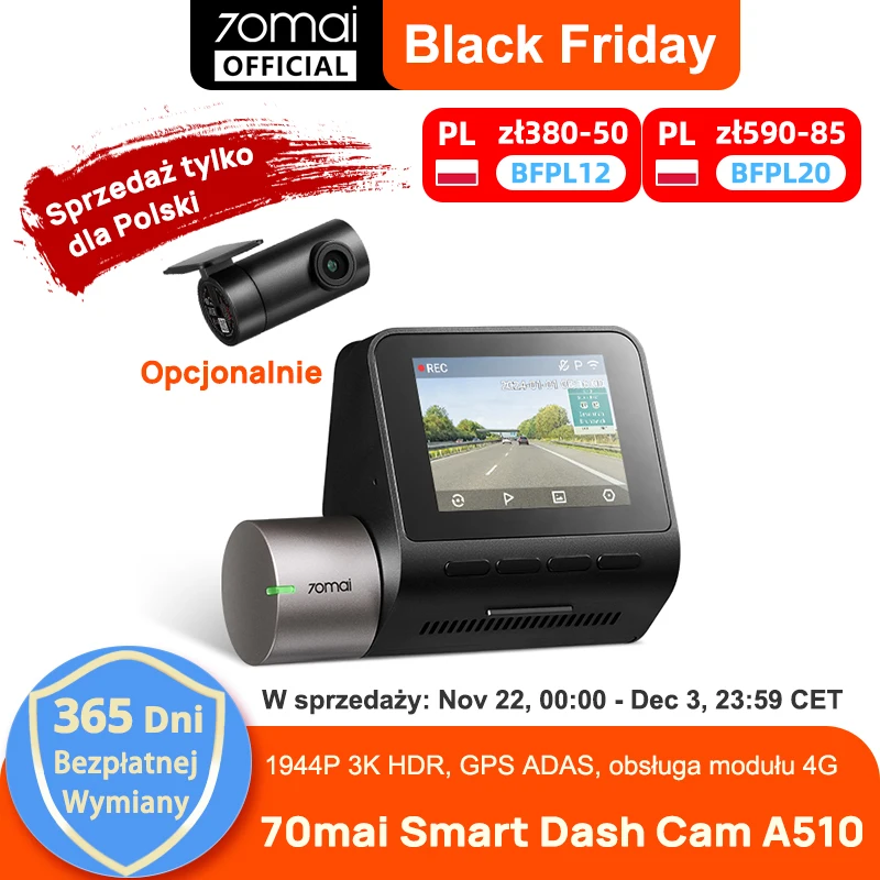 70mai Dash Cam A510 1944P HDR Support Rear Cam Built-in GPS ADAS 70mai A510 Car DVR Support 24H Parking 4G Connectivity