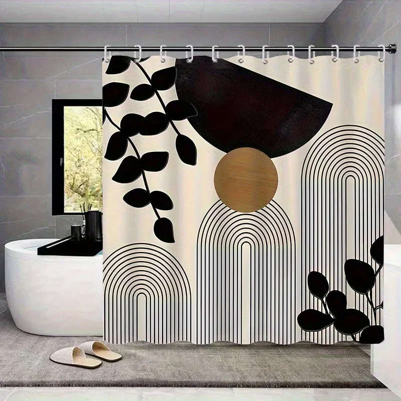 4 Pcs Boho Abstract Shower Curtain Set Waterproof Fabric Bath Curtain Geometric Non-Slip Bath Mat Toilet Lid Cover Decor