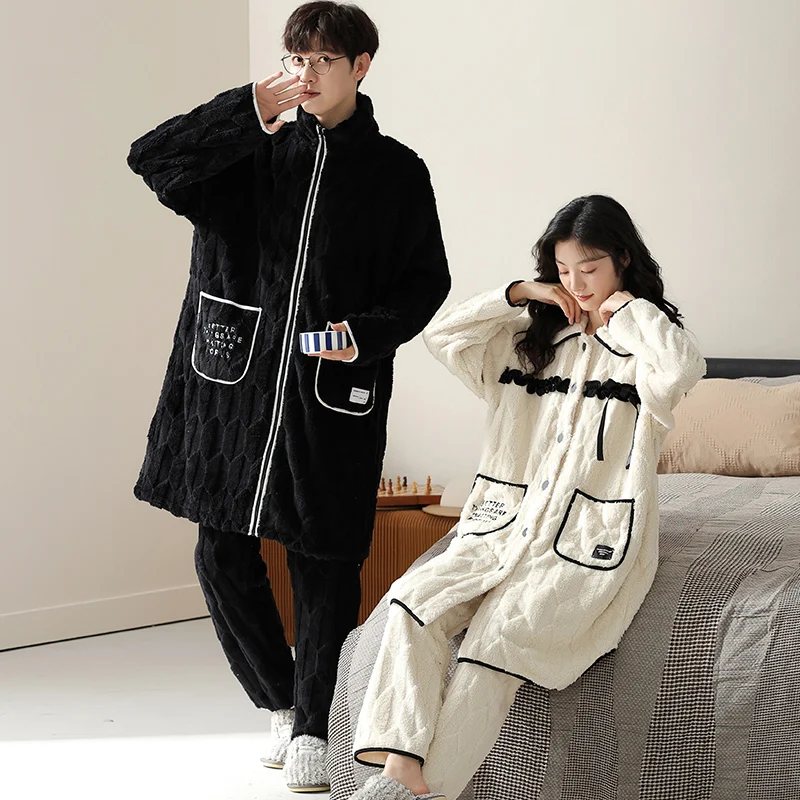 Couple pajamas Winter Coral Velvet Long Dressing Gowns Women Thick Pyjamas Men's loungewear pijamas feminino pyjama pour femme