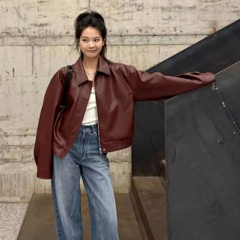 Red Leather Jacket Women's Casual Short Style Autumn Winter Outerwear Fashionable  Size Female Coat Premium Feeling