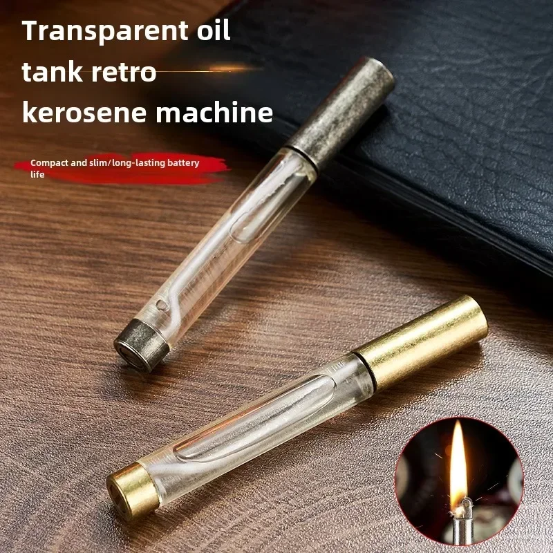 Transparent Large Capacity Oil Tank, Grinding Wheel, Kerosene Lighter, Cylindrical Long Strip, Compact and Portable Lighter