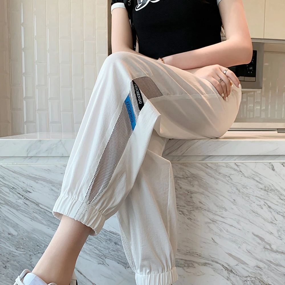

All Match Straight Casual Drawstring Pants Streetwear Quick Dry Wide Leg Loose Pants Mesh Mesh Hollow Sweat Pants Women Lady