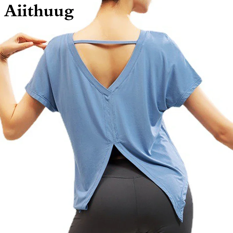 Aiithuug V-Shape Back Split Yoga Top Women's Short Sleeve Lightweight Breathable Loose Fast Dry Pilates Dancing Fitness Cover-up