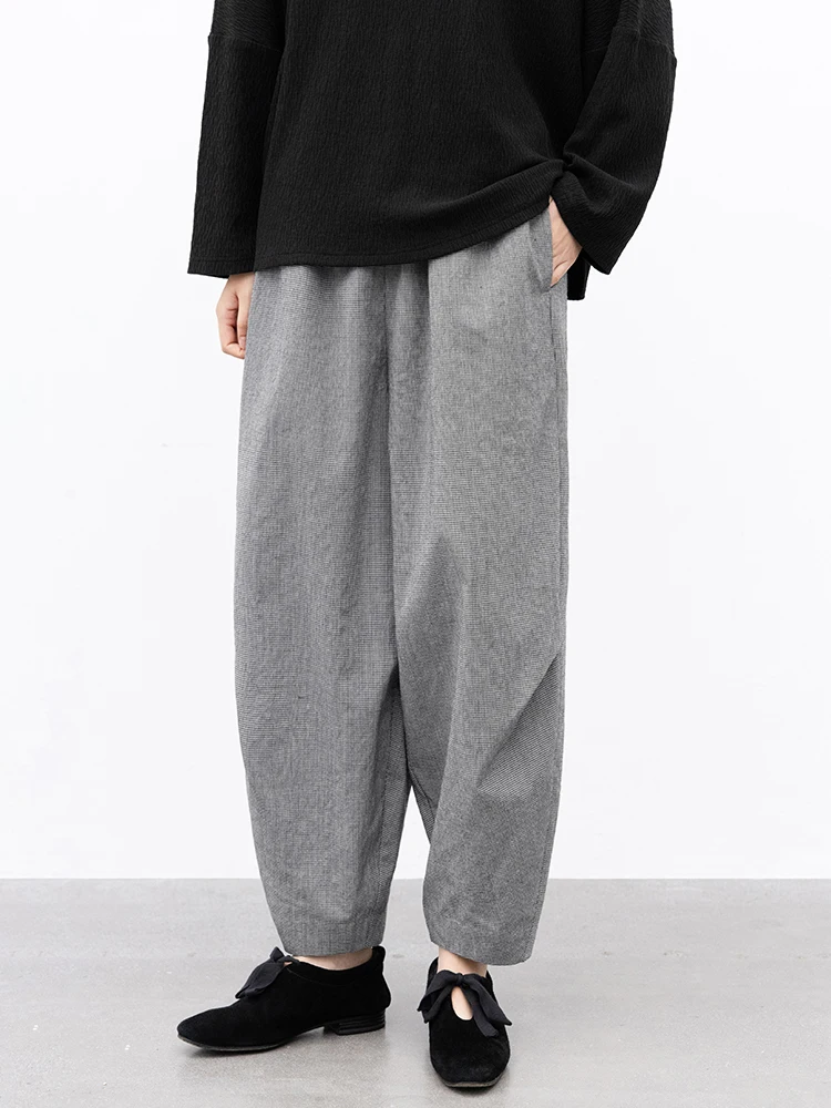 

New Le Collection 00% Wool ey Bla Plaid Elastic Waist Carrot Pants Women's Casual Loose Fit Trousers Commute Sle