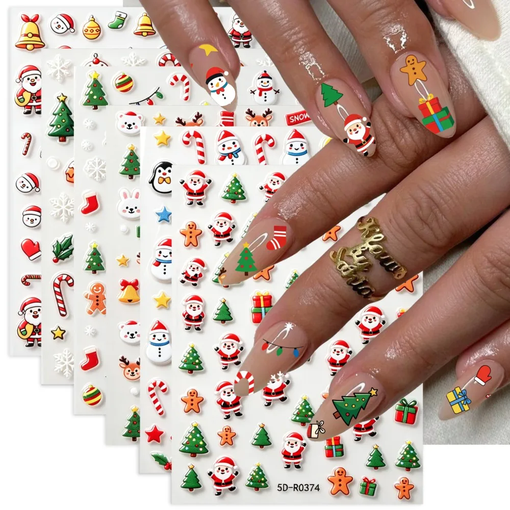 6Pcs 5D Raised Christmas Nail Decals Santa Gingerbread Snowflake Self‑Adhesive Nail Sticker DIY Holiday Festival Manicure Slider