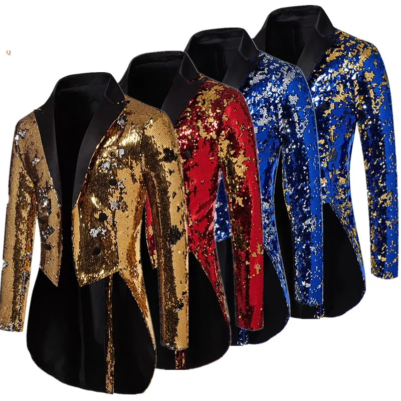 

Золотой фрак с блестками, стиль выступлений, стиль вечеринки, торжественная куртка для выступлений на сцене, длинная длина европейского размера с открытой передней частью