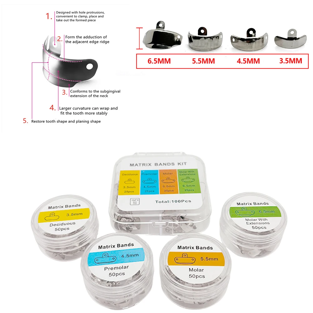 

Dental Clinic Matrix System Kit - 0.03mm Thick Multi-Width SS Bands with Contoured Design for Cavity Restoration