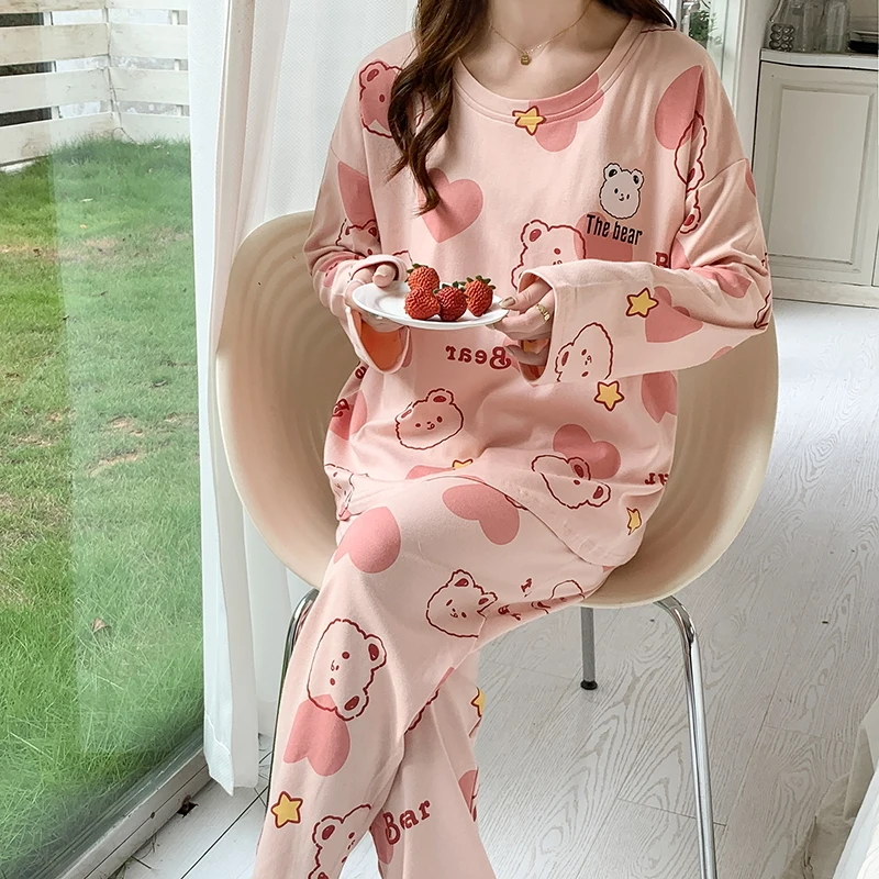 Bear Love Heart Women Pajamas Set Cute Kawaii Sleepwear Long Sleeves Long Pants Autumn Winter Pullover Pyjamas Ladies Pijamas