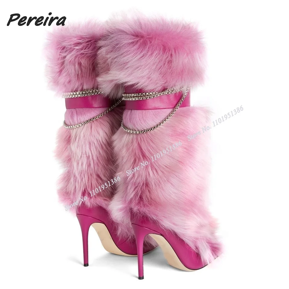 

Pereira Pink Fur Decor Boots Chain Decor High Heel Boots Mid Calf Pointed Toe Shoes for Women Heels New Fashion Zapatillas Mujer