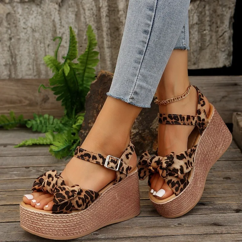 Ladies Shoes 2024  Women's Sandals Fashion Butterfly-knot Casual Sandals Women New Leopard Print Wedge Sandals