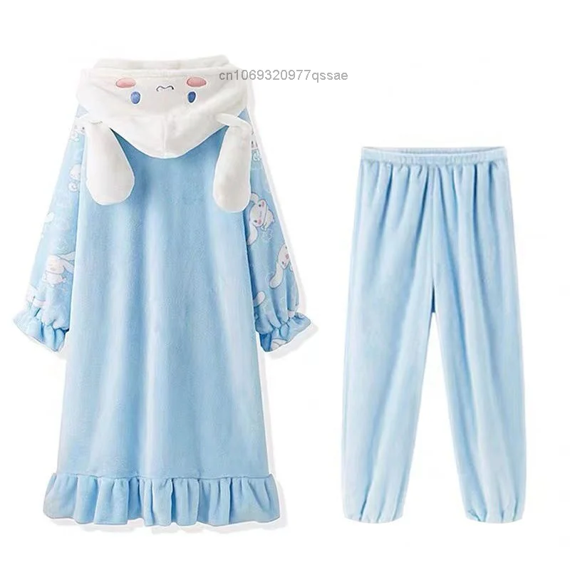 Sanrio Cinnamoroll New 2 Pcs Hooded Pajamas Set Women\'s Cotton Plush Autumn Winter Cartoon Pajamas Student Flannel Home Clothes