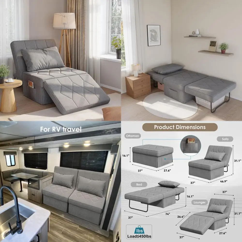 أريكة سرير قابلة للتحويل مع مسند ظهر قابل للتعديل مكون من 5 مستويات، 74 عمق × 37 وات 4 في 1 سرير كرسي نوم عثماني قابل للطي، فوتون فردي حديث