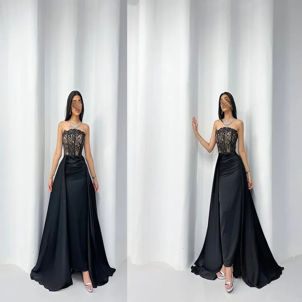 

Customized Modern Sleeveless Satin Lace Corset Backless Evening Gown for Bridal Sheath Prom Gown with Detachable Court