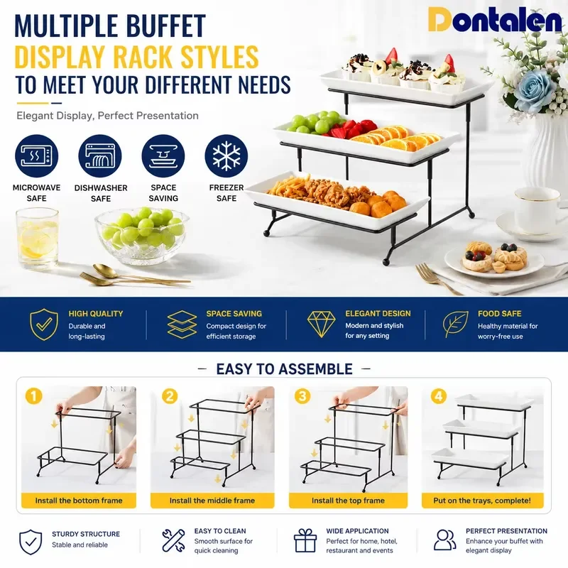 White Triple Tier Buffet Stand for Wedding Party Hotel Restaurant Elegant Catering Display Rack with 3 Trays for Food Dessert