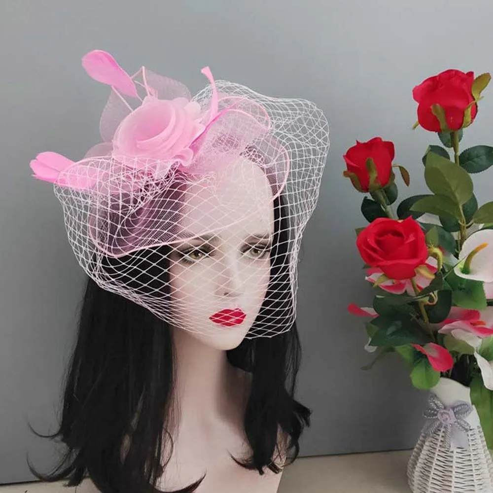 Vintage Feather Mesh Fascinator Hat Bow Elegant Veil Hat Headwear Sweet Hair Hoop Bride Headband Cocktail Party