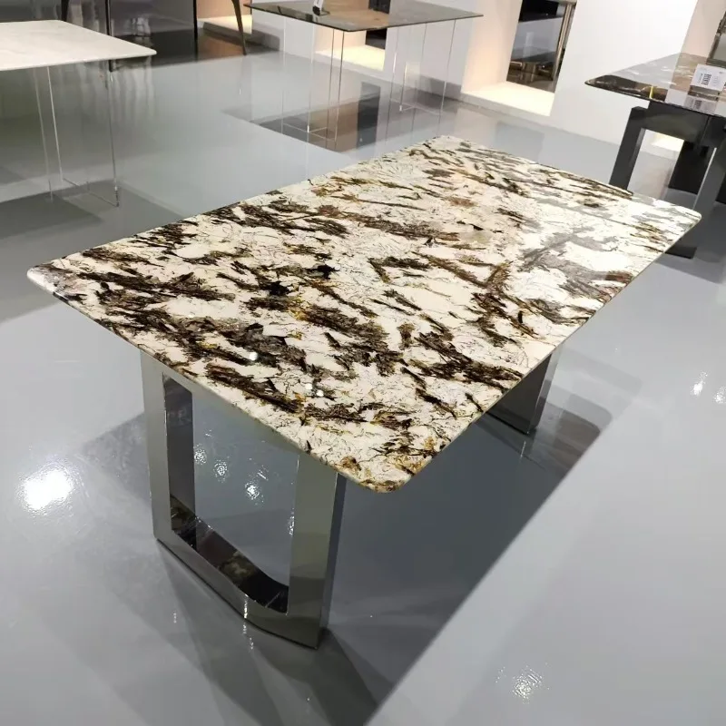 

Modern stainless steel blue crystal rectangular snow mountain flying fox Kari ice jade luxury stone natural marble dining table