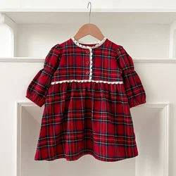 Children Clothes 1-6Yrs Christmas Girls Red Dress Toddler Dress Baby Kid Girls Lace Ruffles Tutu Party Dress Plaid Xmas Costumes