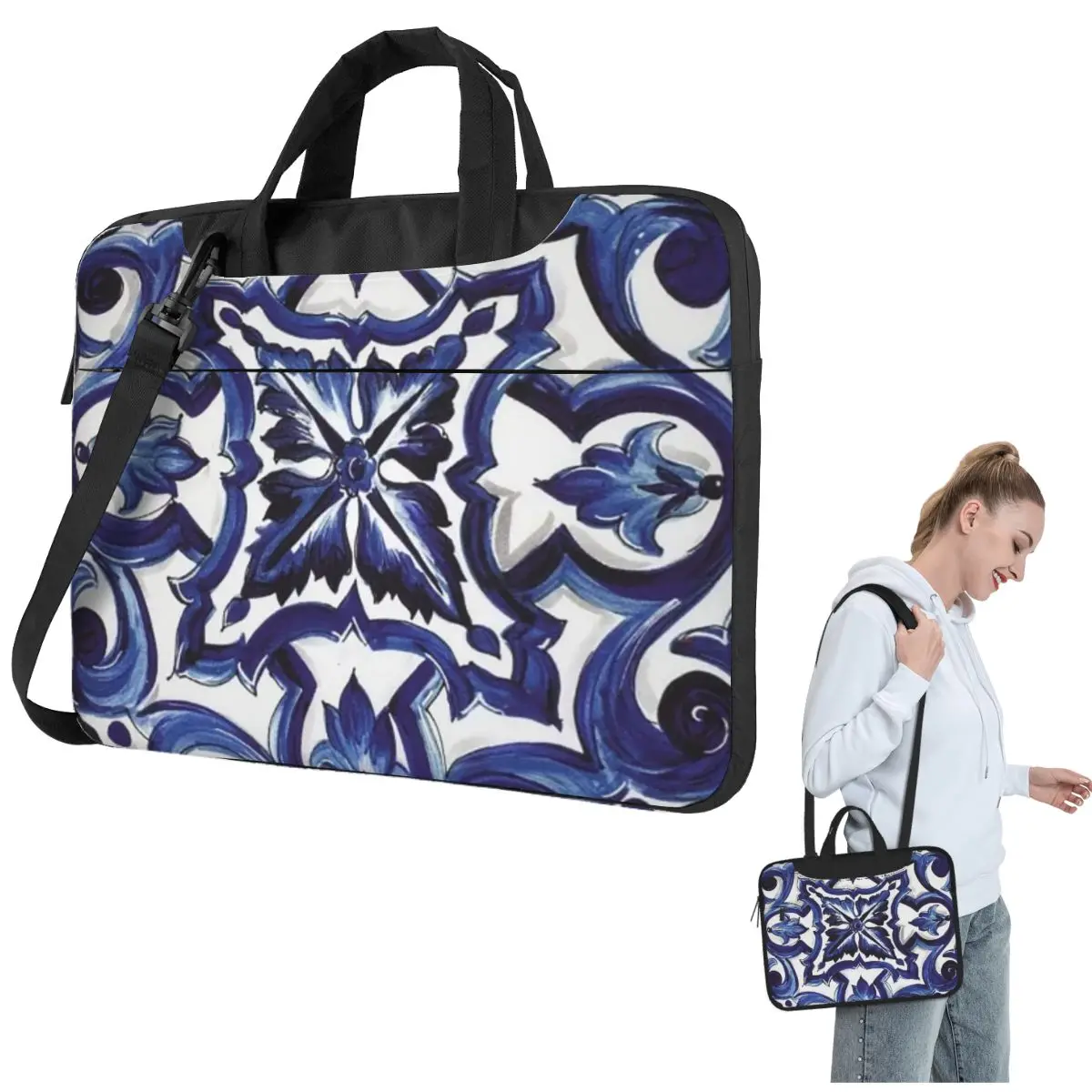 

Blue Ornate Floral Mediterranean Sicilian Tile Crossbody Laptop Bag Case Computer Bag 13 14 15.6 Inch Notebook Pouch for Macbook