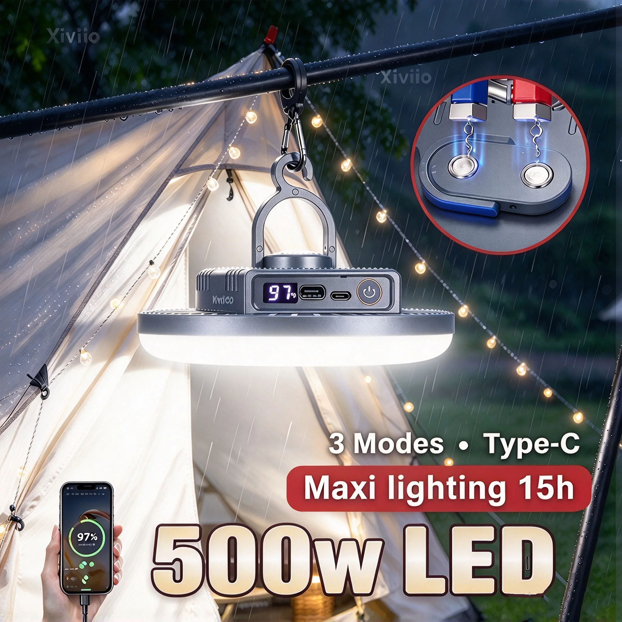 500W LED Camping Light 68000000LM Portable Tent Lamp Rechargeable Emergency Light Magnetic Hanging Lantern Outdoor Camping Fish