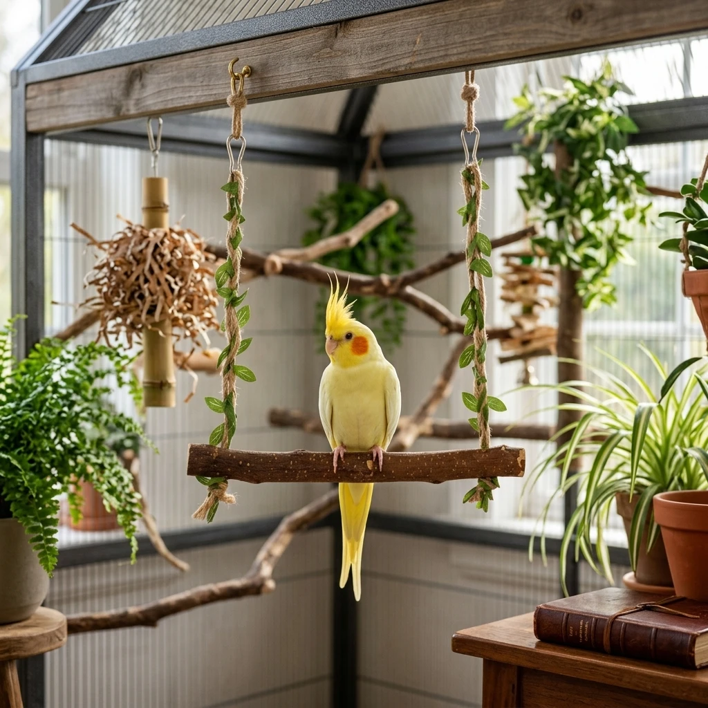 Papageien-Schaukelspielzeug aus Rattan, Hängend, Verschleißfest, Bissfest, Vogelsitzstange für Nymphensittiche und Wellensittiche, Kauspielzeug, Kletterzubehör für Haustiere – Detail 2
