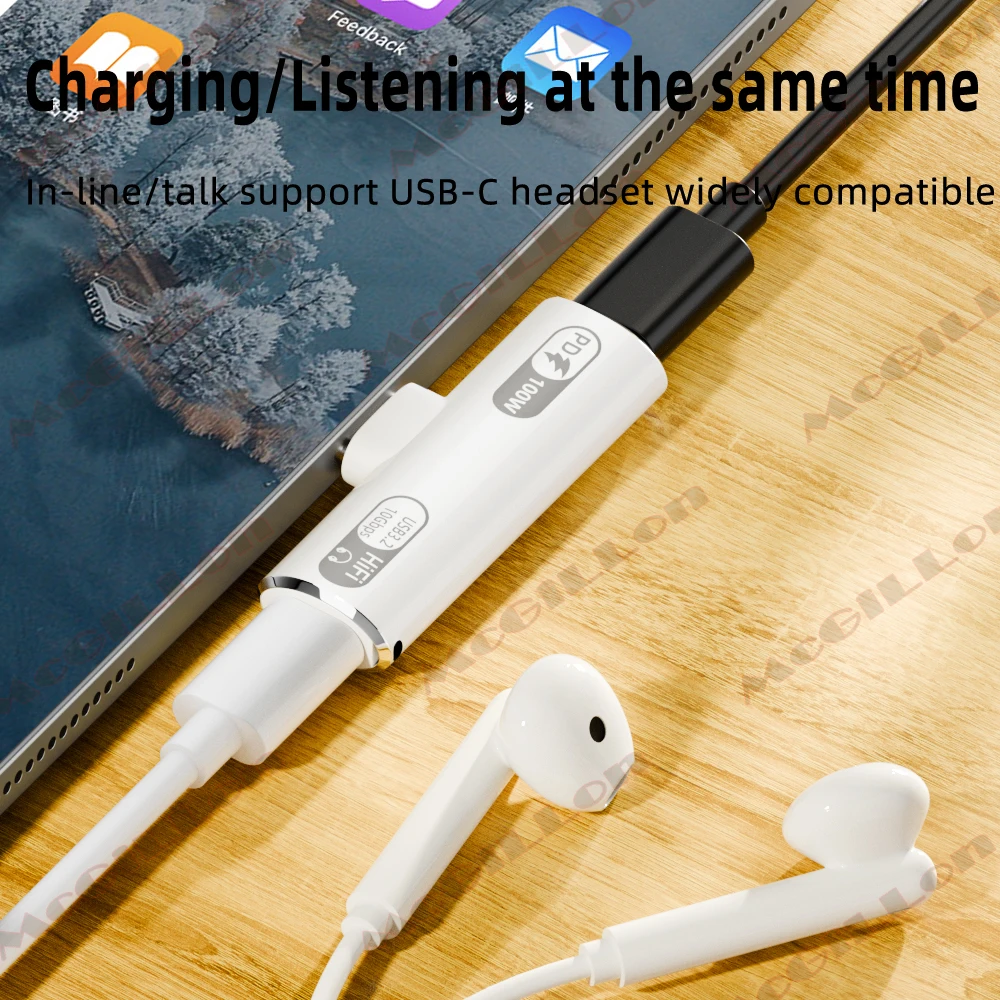 USB3.2 10Gbps USB C to Dual Type-C OTG Data Adapter Male to Female 100W Fast Charging Earphone Adapter for Samsung Huawei Xiaomi