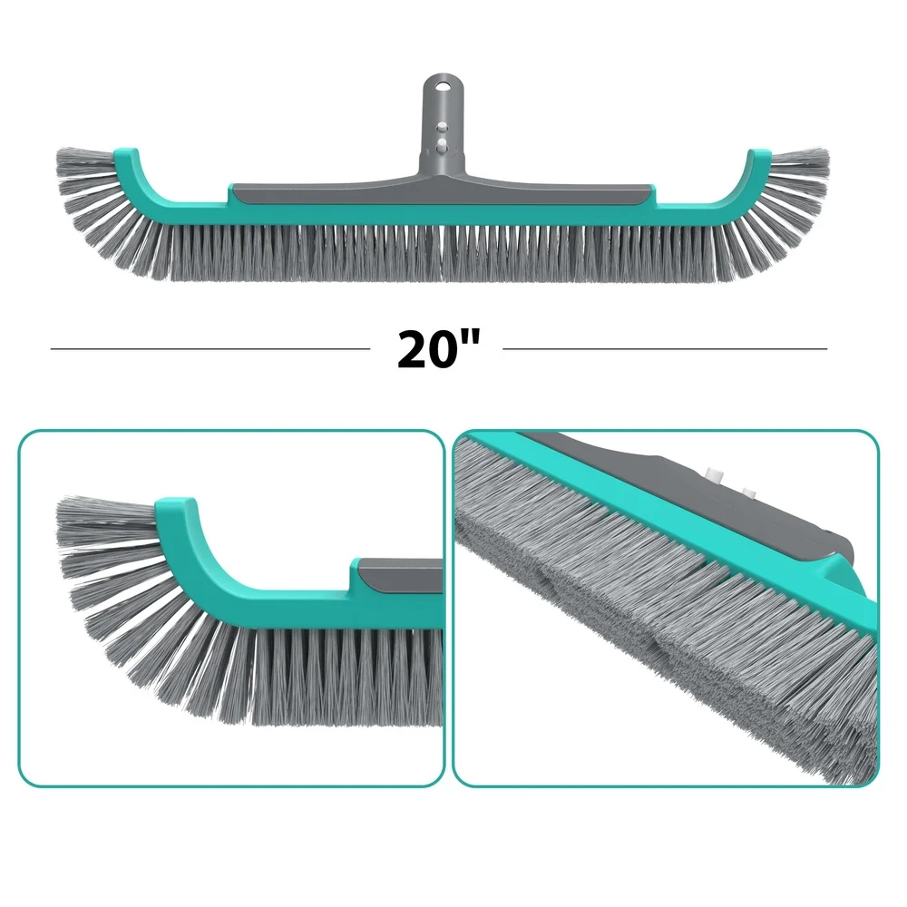 20 Inch Curved End Pool Brush with Extended Side Bristles Durable Aluminum Handle In Ground Above Ground Pools Spas Tubs