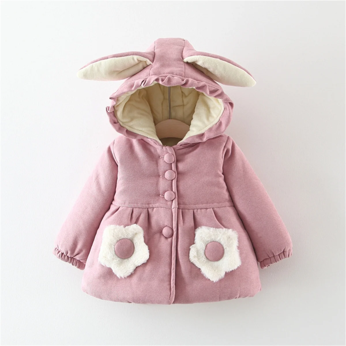 Winter Girls\' Jacket Baby Filled Cotton Hooded Warm And Cute Single Breasted Windproof Thickened Outerwear Coat