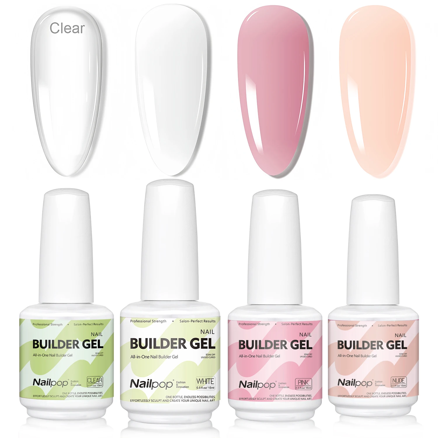 

Nailpop 7 in 1 Builder Gel Multicolor Clear White Pink Nude 15ml Nail Apex and Extension Strengthener UV Gel for DIY Home Salon