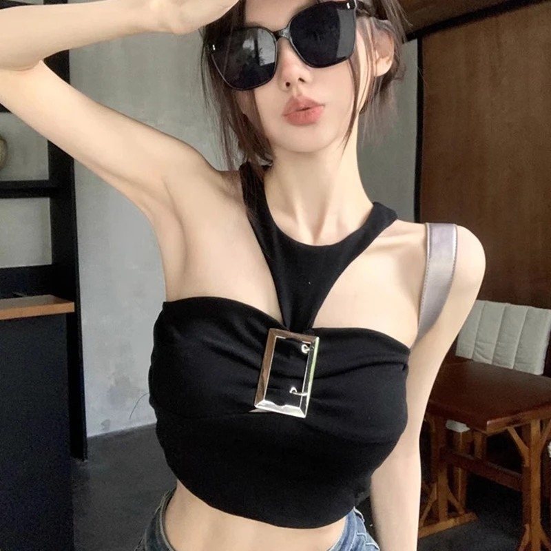 

Pure Desire Wind Sexy Spice Girl Metal Buckle Neck Vest Female Summer Short Backless Sleeveless Small Camisole Black Top