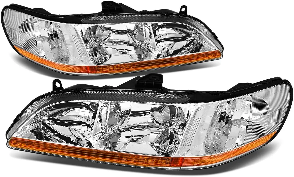 Factory Style Halogen Headlights Assembly Compatible with Accord CG 98-02, Driver and Passenger Side, Chrome Housing with Amber