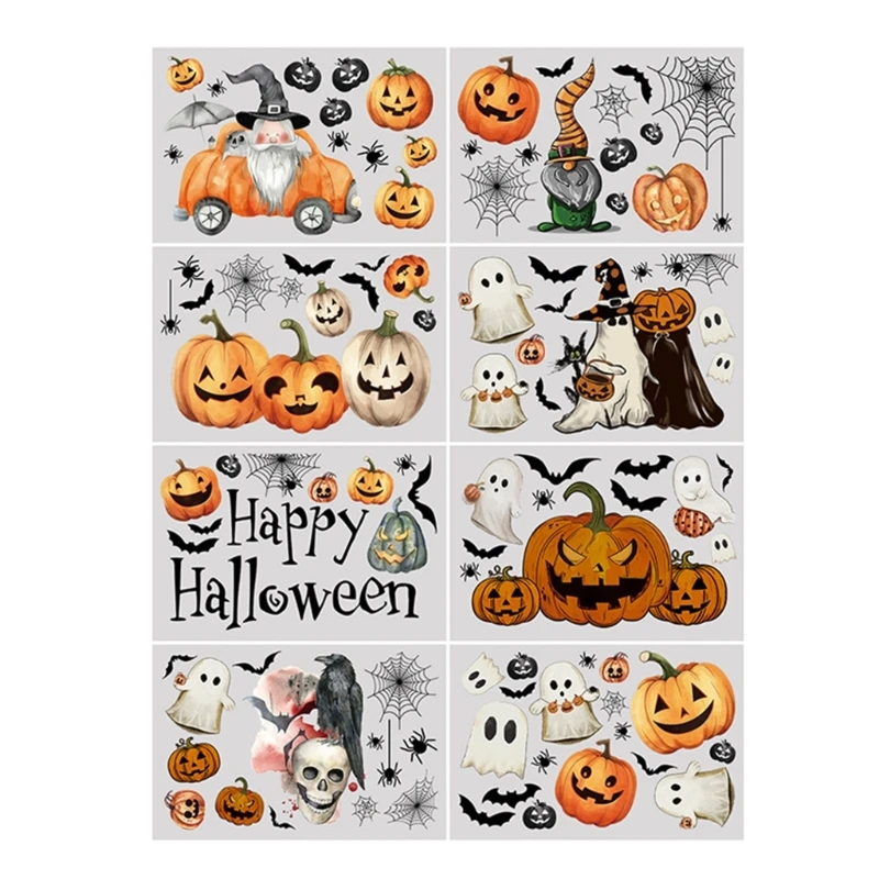 Reusable Halloween Window Stickers Ghostly Evil Pumpkins Bat Gnomes Designs Glass Decal Set for Horror Home Decoration