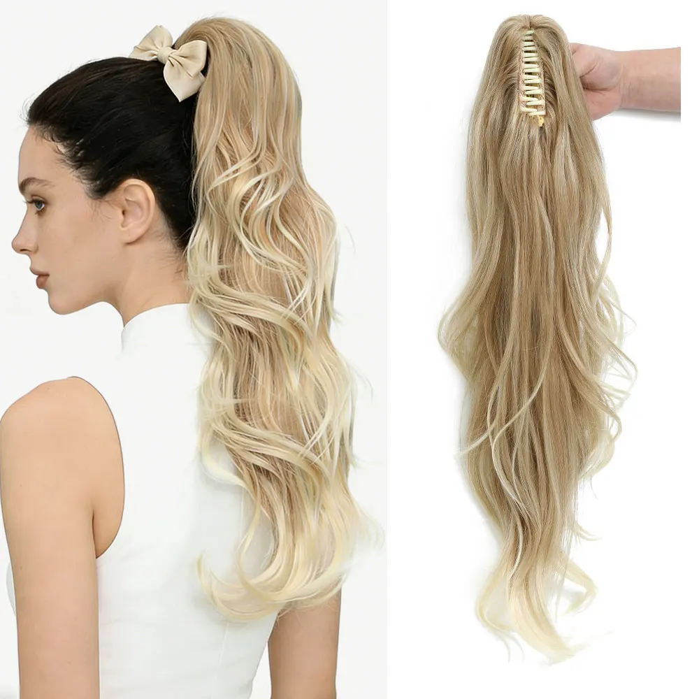 

26-дюймовый длинный волнистый хвост-шиньон на заколке, 180 г, густой, синтетический, омбре, коричнево-русый, накладной хвост для волос