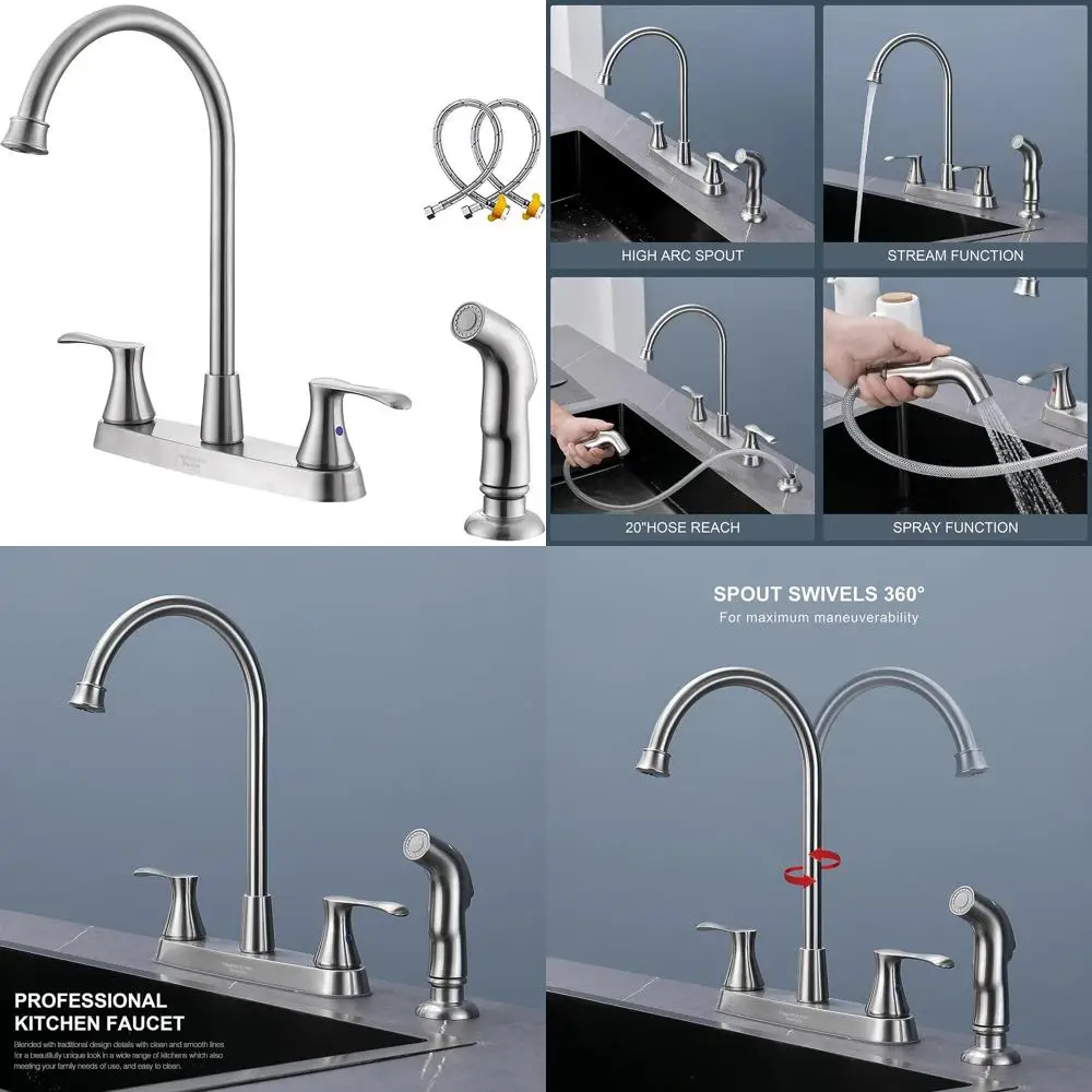 Grifo para fregadero de cocina de 2 manijas de níquel cepillado de 4 orificios con rociador lateral