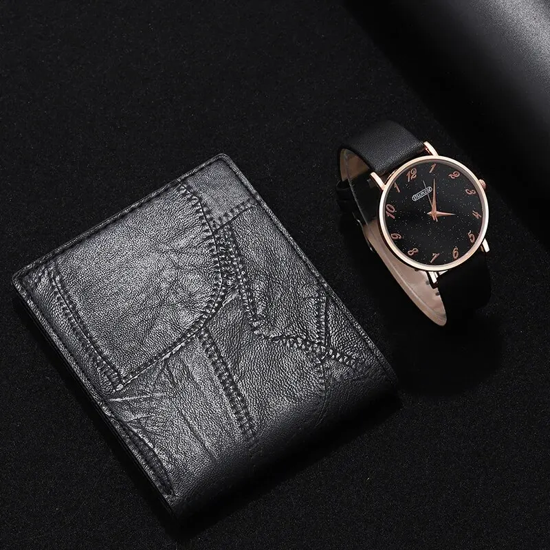 DSIMPLE 2pcs Black Luxury Quartz Wristwatch With For Men Business Fashion Leather Round With Wallet Watch Set Reloj Hombre